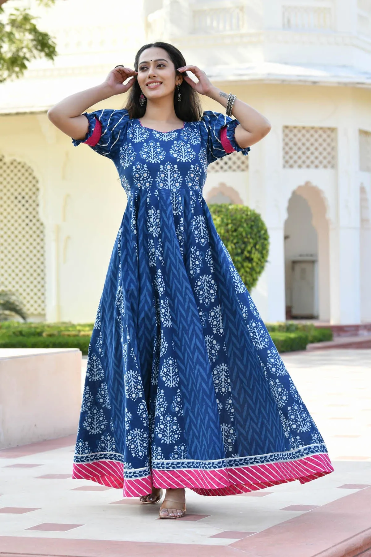 MULMUL ADWETA BLOCK PRINTED PANELED DRESS WITH DUPATTA