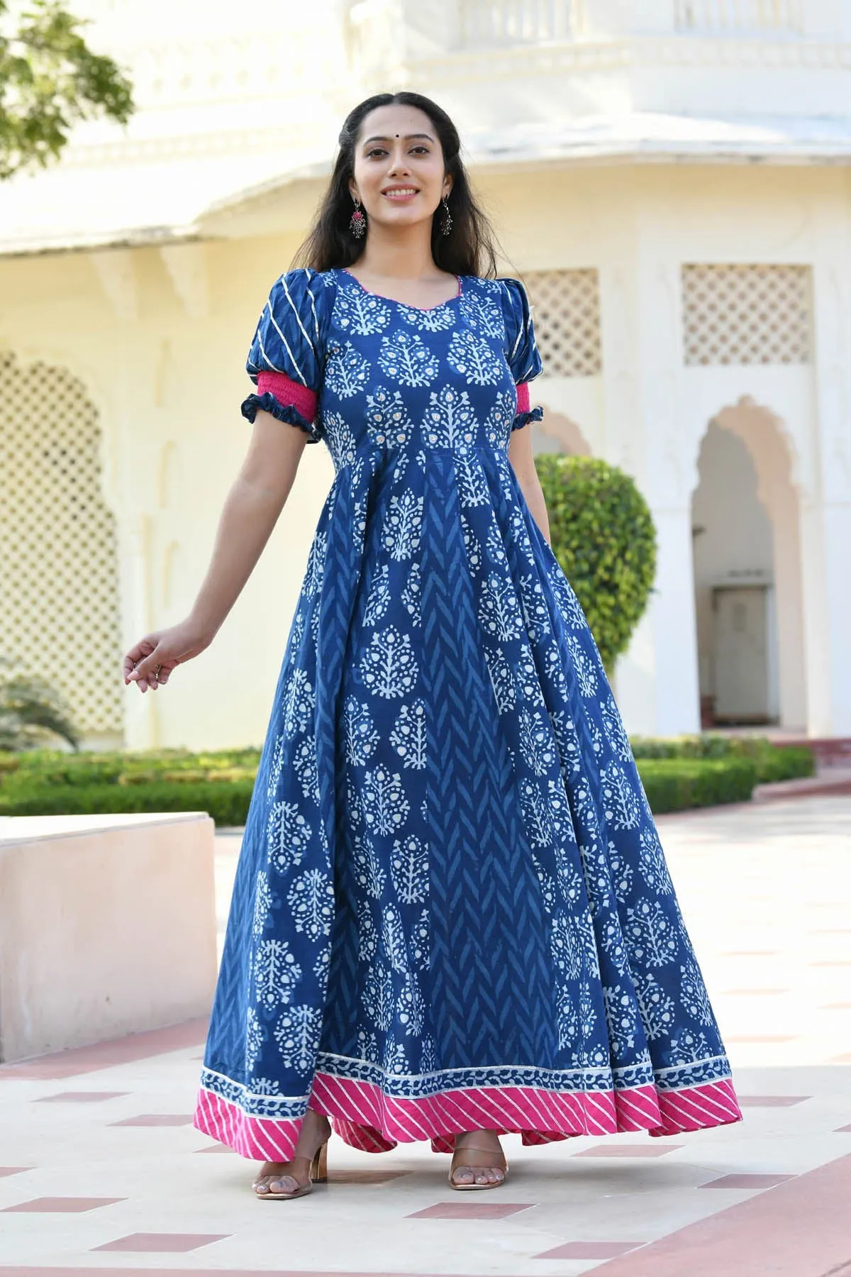 MULMUL ADWETA BLOCK PRINTED PANELED DRESS WITH DUPATTA