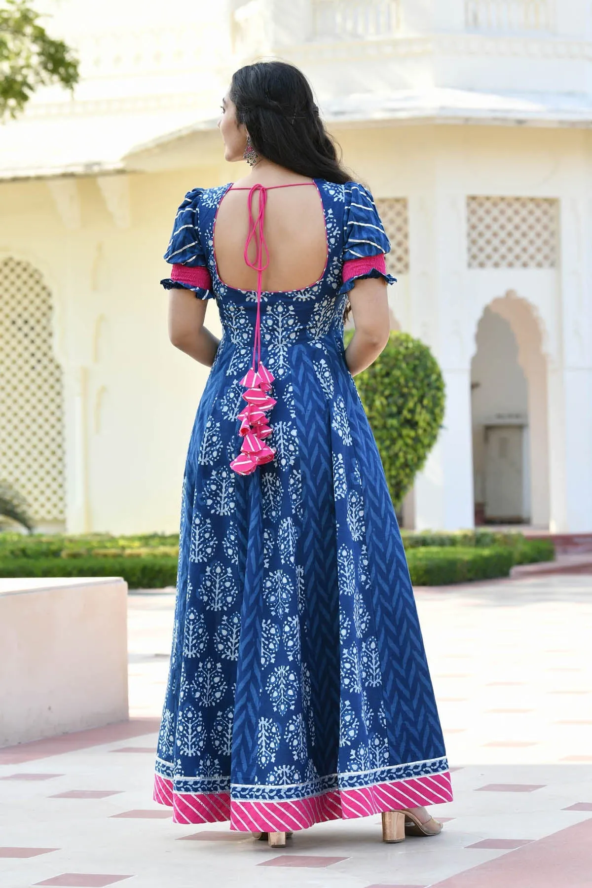 MULMUL ADWETA BLOCK PRINTED PANELED DRESS WITH DUPATTA