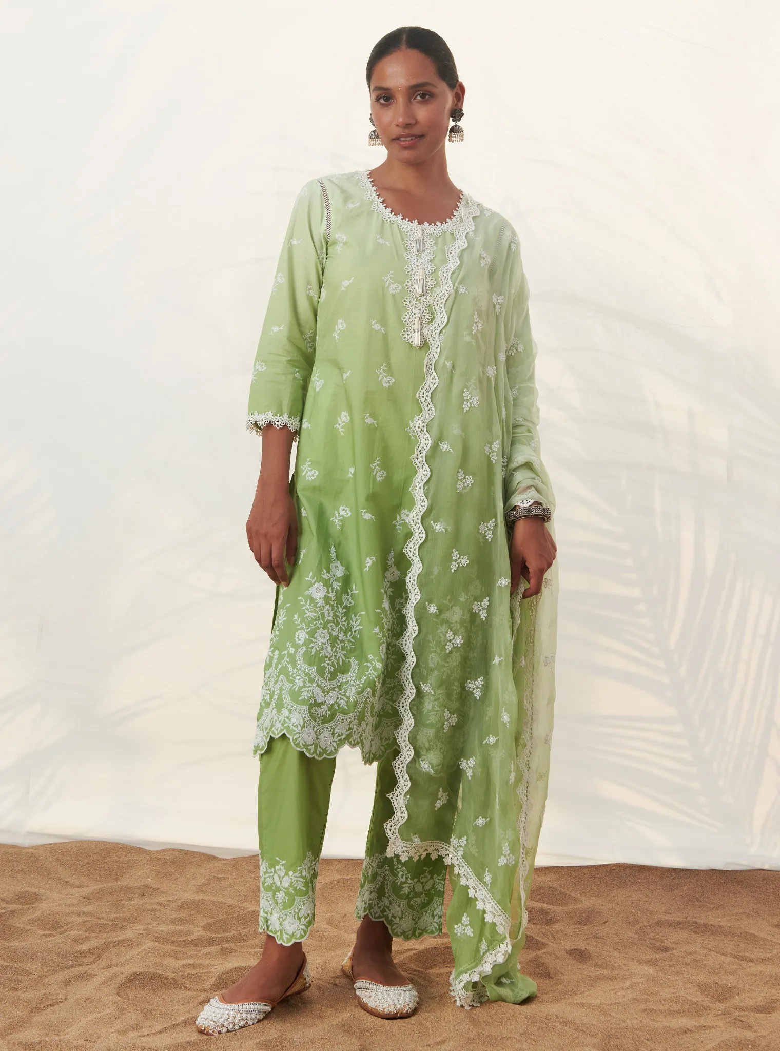 Mulmul Cotton Mandre Green Kurta With Mandre Green Pant