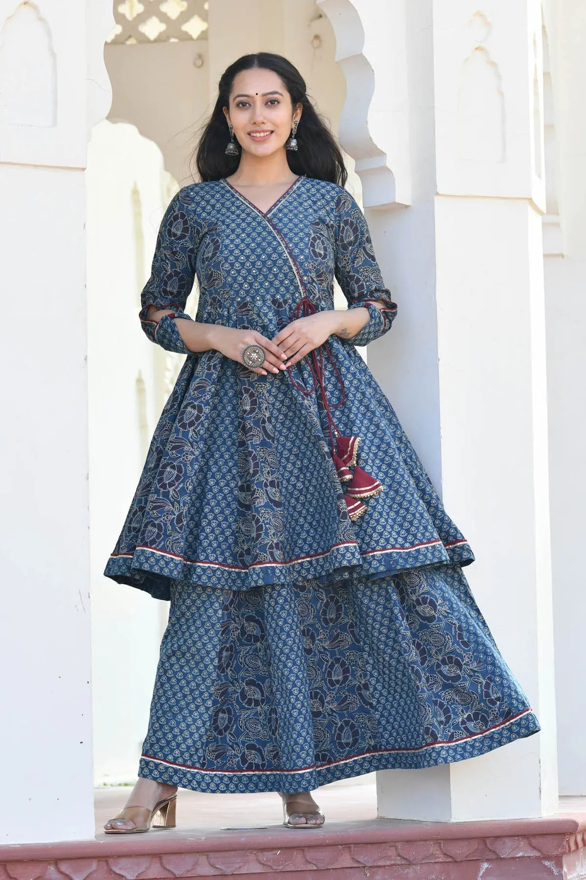 MULMUL IDIKA INDIGO BLOCK PRINTED PANELED KURTA-PLAZZO SET