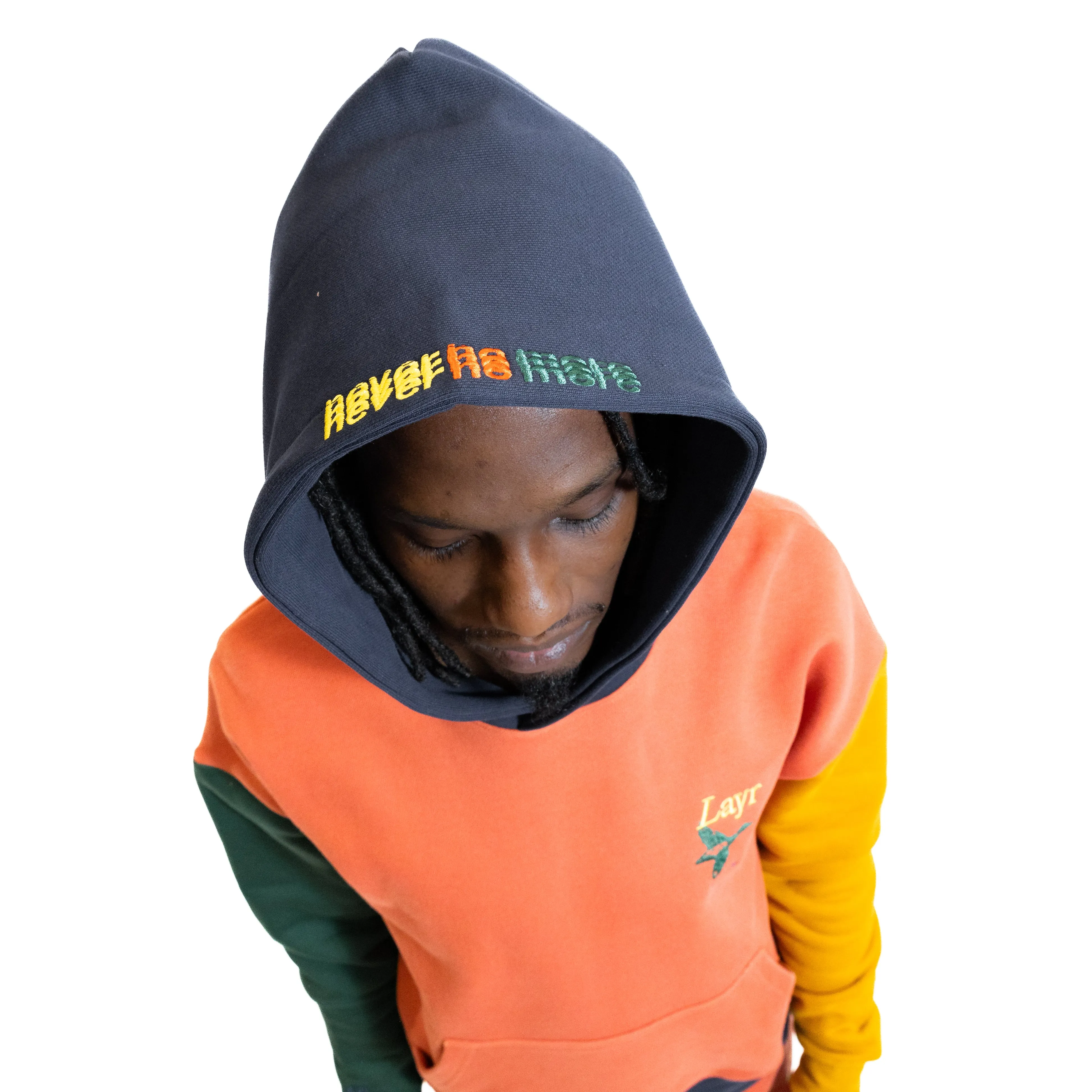Multi-Panel Hoodie, Rust/Mustard-Navy-Green