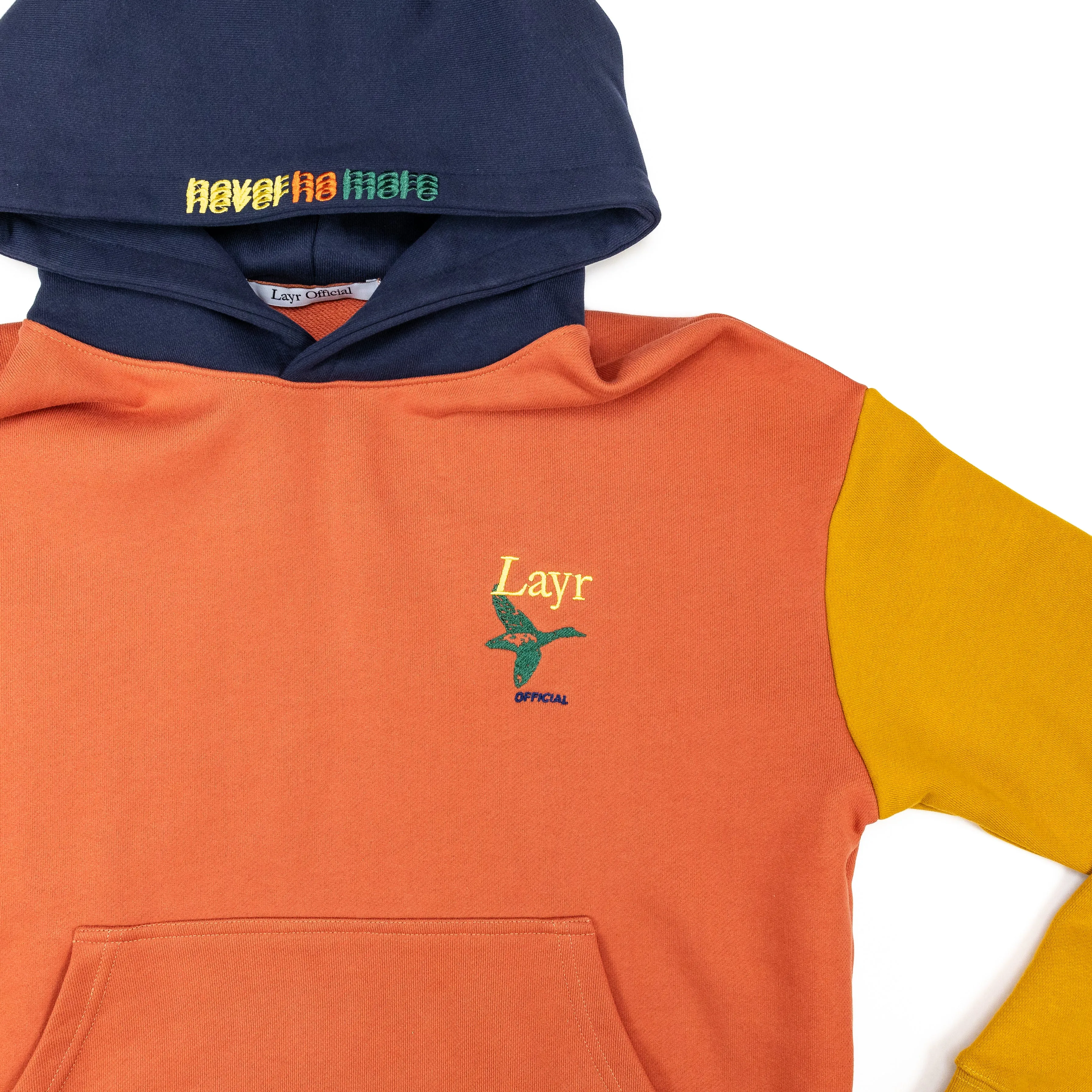Multi-Panel Hoodie, Rust/Mustard-Navy-Green