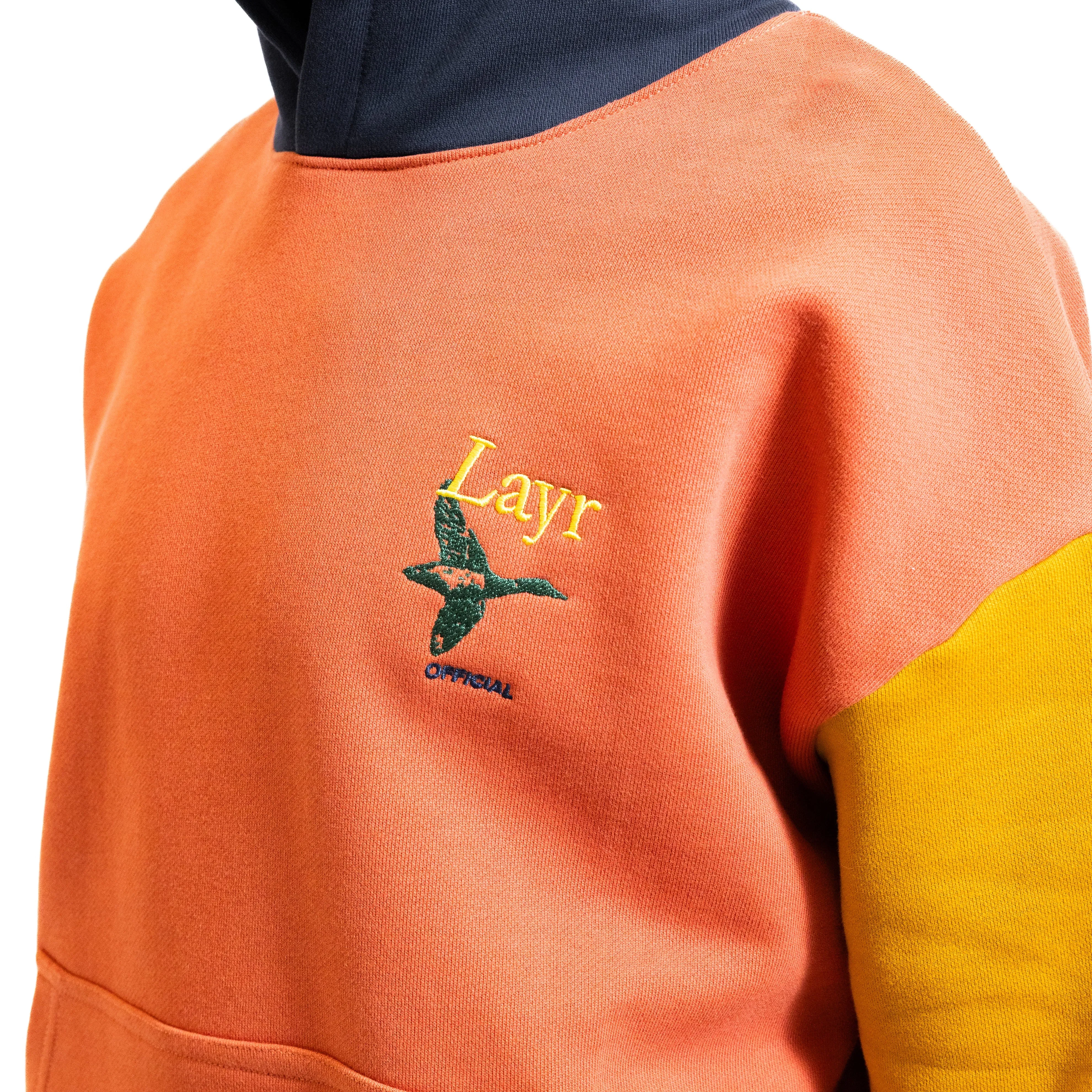 Multi-Panel Hoodie, Rust/Mustard-Navy-Green