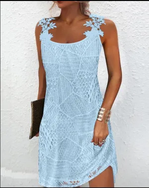 New Chicme Hollow Out Lace Patch Casual Dress in Light Blue, Sz XXL