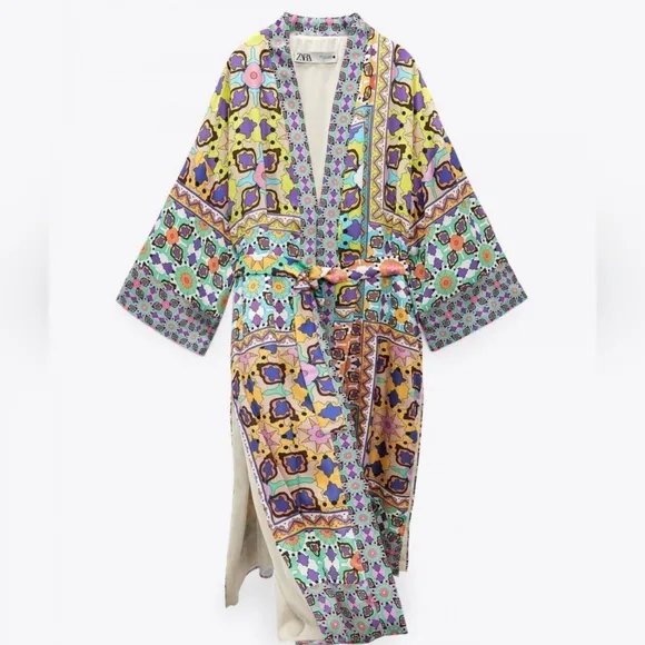 NWT ZARA Vibrant Multicolor Satin Printed Long Belted Kimono