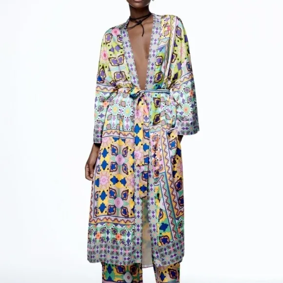 NWT ZARA Vibrant Multicolor Satin Printed Long Belted Kimono