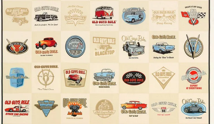 Old Guys Rule Street Rods on natural by Robert Kaufman 23.5" Panel