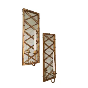Pair of Gold Bamboo Mirrored Candle Sconces