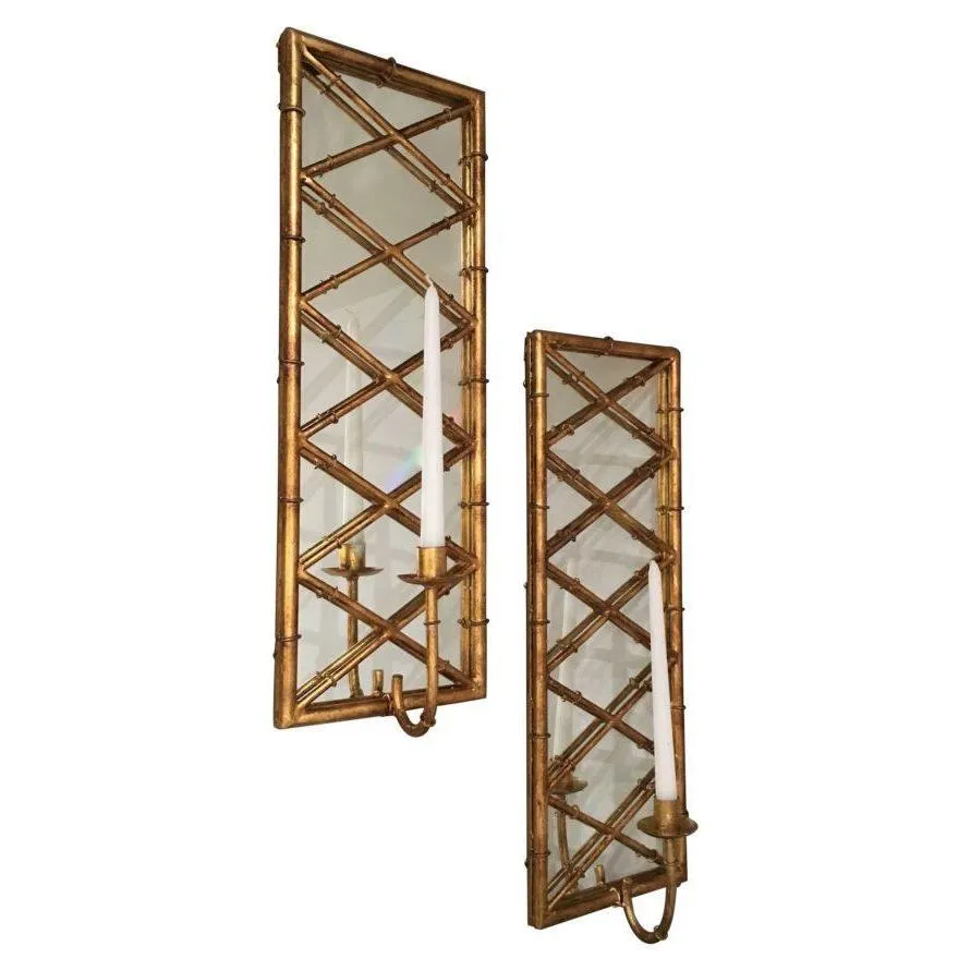 Pair of Gold Bamboo Mirrored Candle Sconces