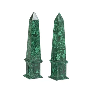 Pair of Malachite Obelisks with Stepped Base
