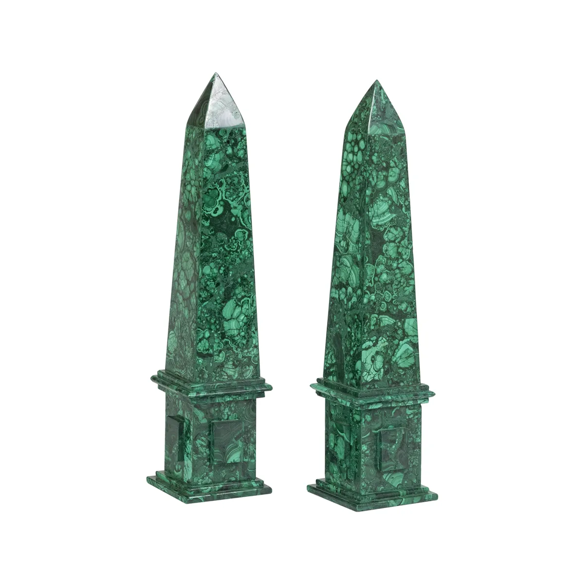 Pair of Malachite Obelisks with Stepped Base