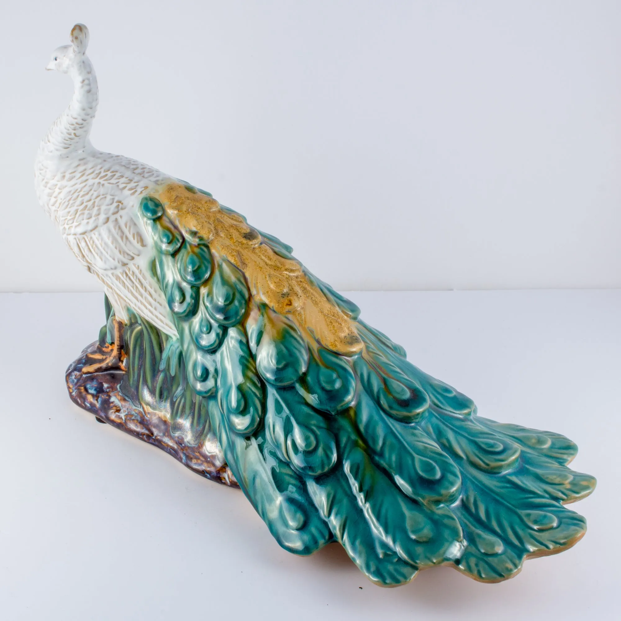 Pairing of Vintage Glazed Ceramic Peacock Figures