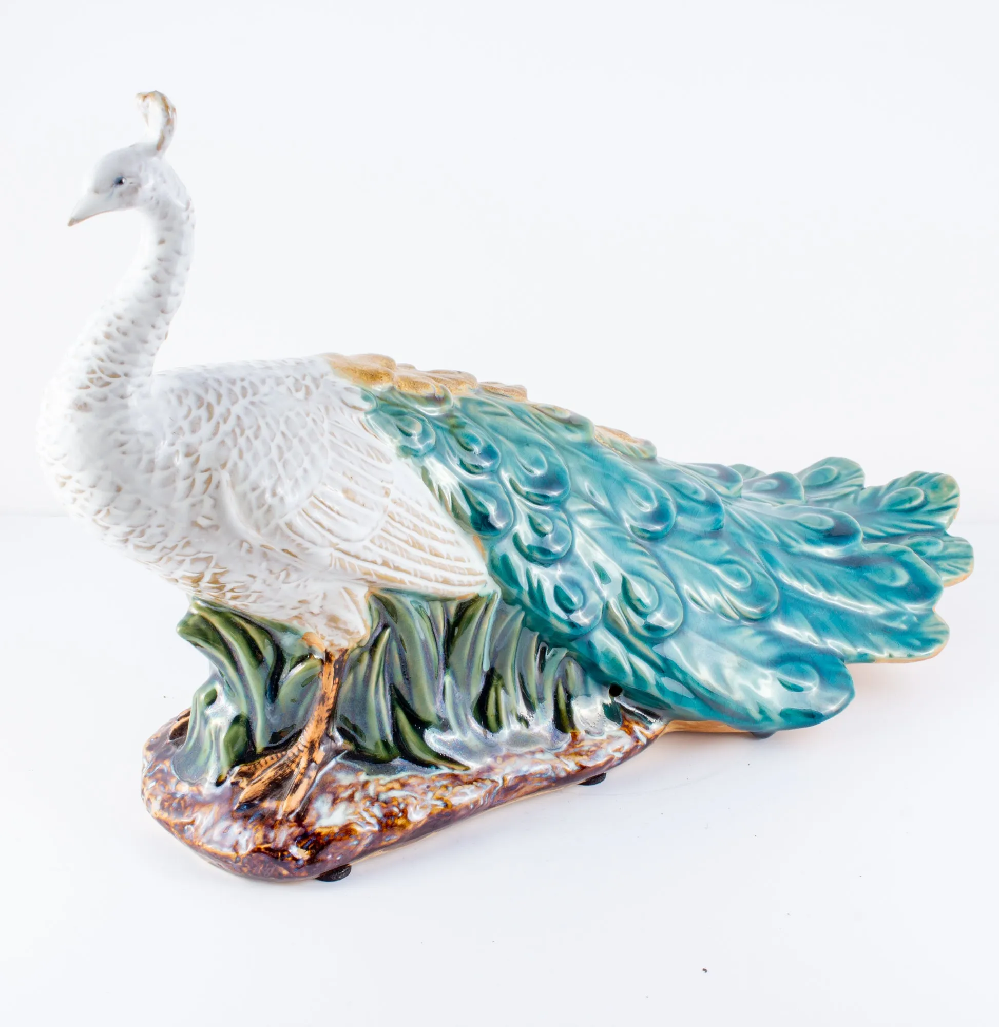Pairing of Vintage Glazed Ceramic Peacock Figures