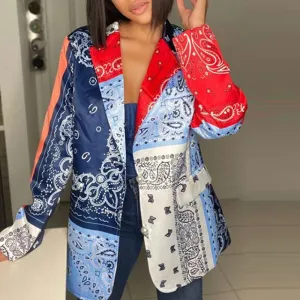 Paisley Pattern Long Sleeve Button Detailed Blazer Coat