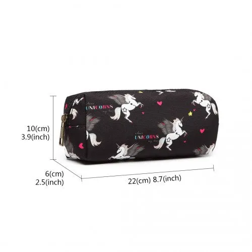 PC-UN - MISS LULU UNICORN CANVAS PENCIL CASE - BLACK