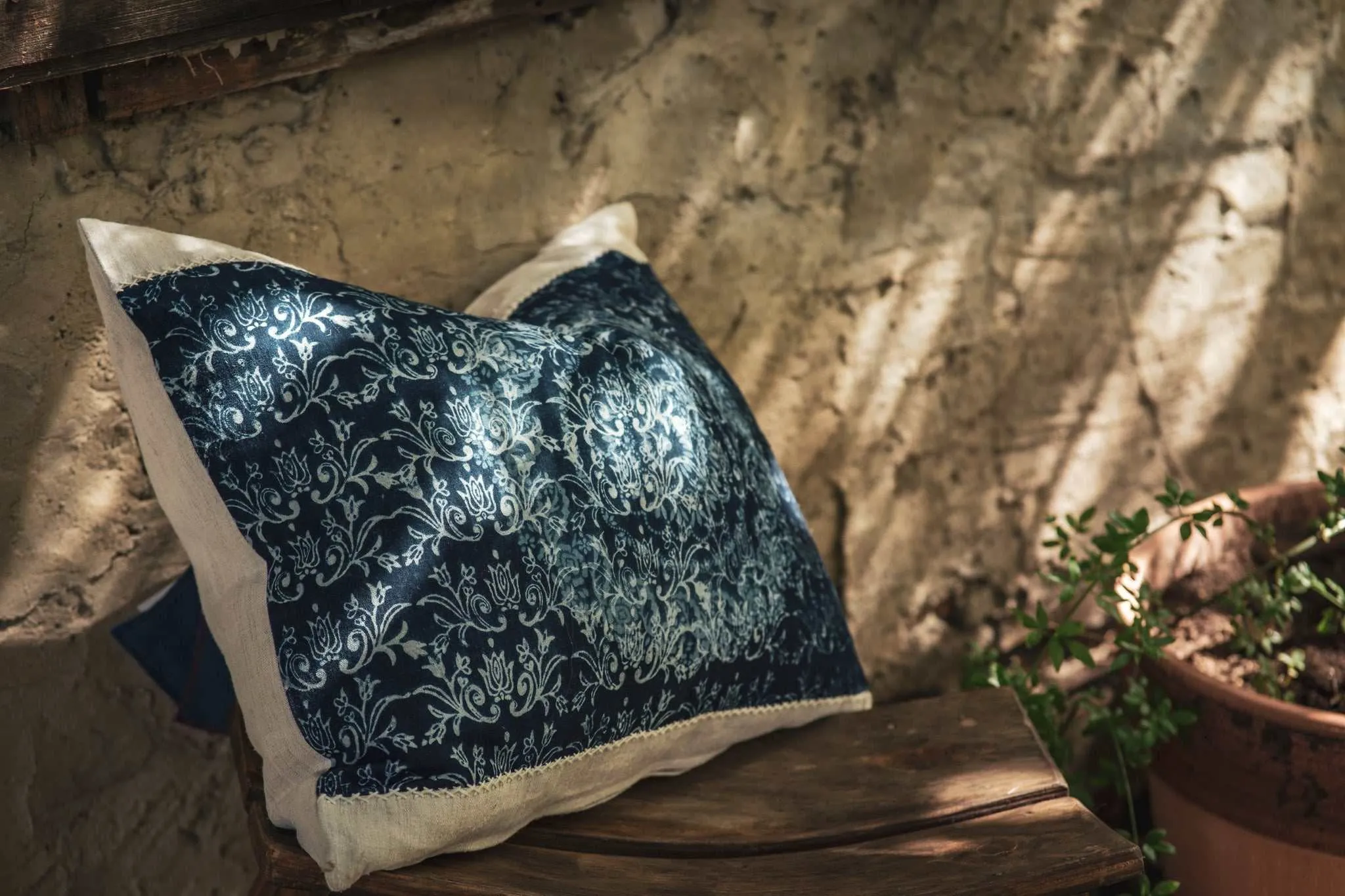 Pillow: Handwoven antique Hungarian hemp, Indigo dyed, hand printed design - P357