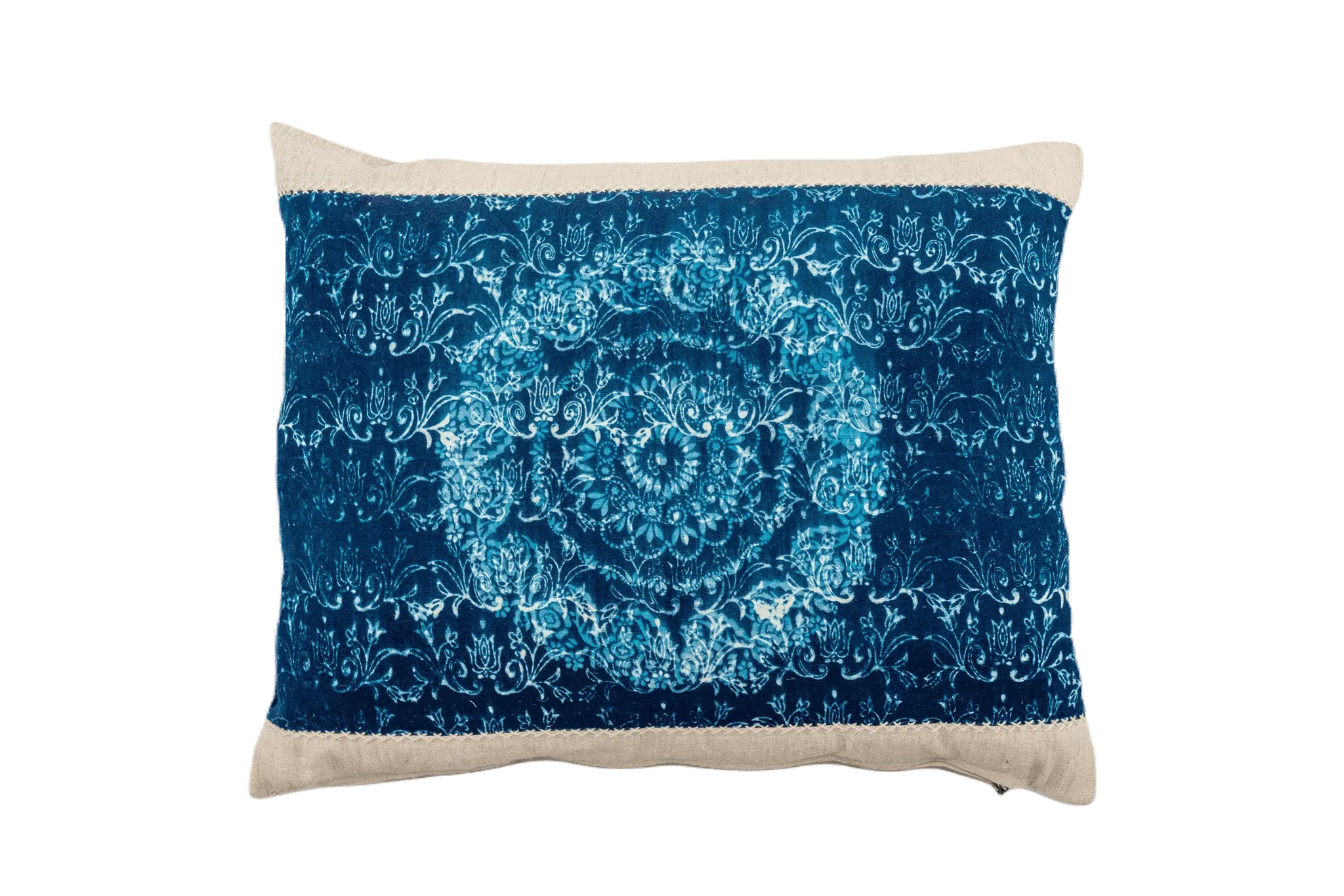 Pillow: Handwoven antique Hungarian hemp, Indigo dyed, hand printed design - P357