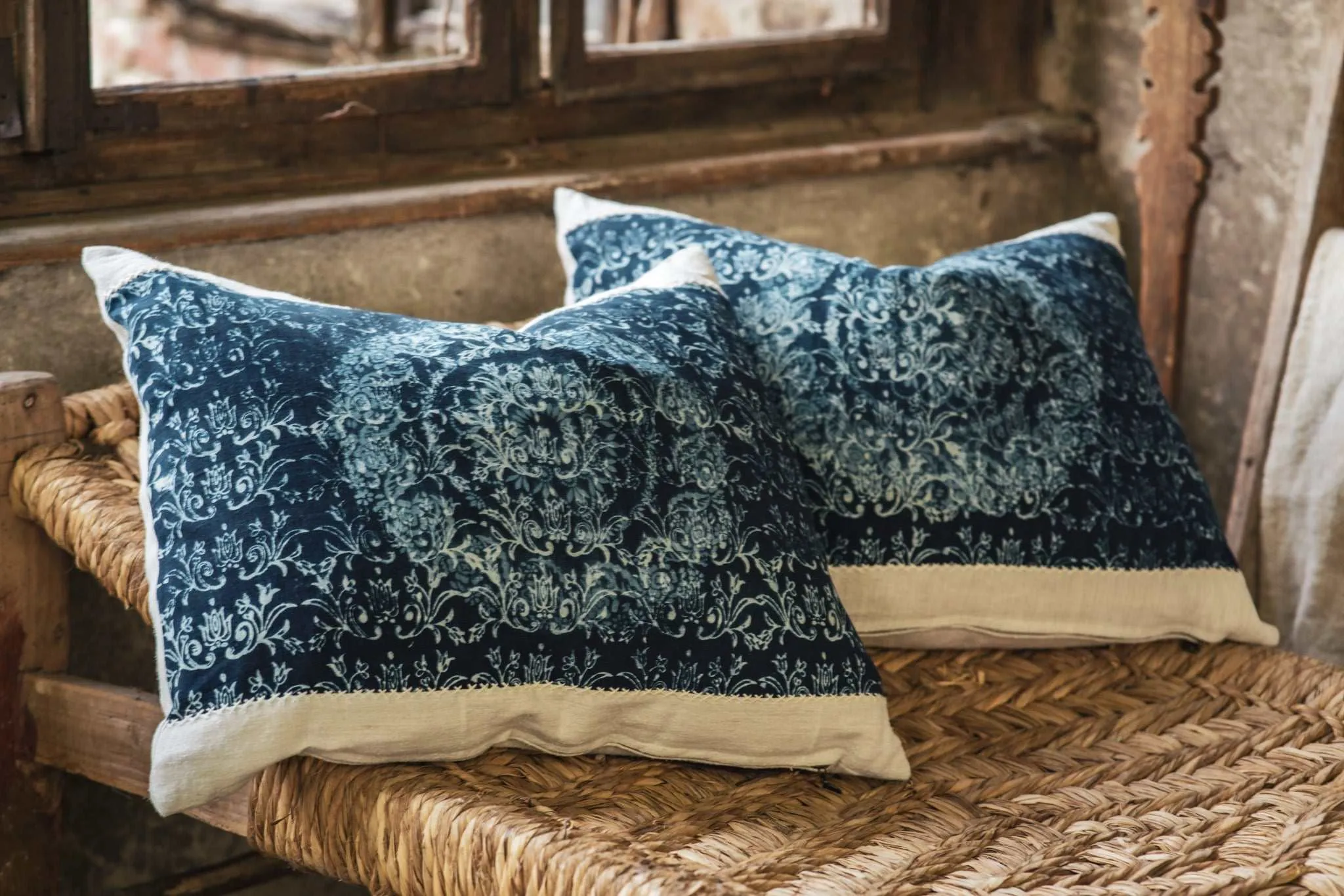 Pillow: Handwoven antique Hungarian hemp, Indigo dyed, hand printed design - P357