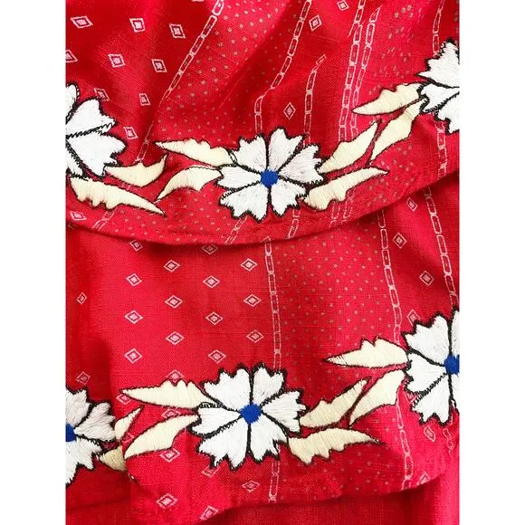 Piper By Townsen Red Mini Tiered Smocked Skirt Floral Embroidery Flowy Flirty
