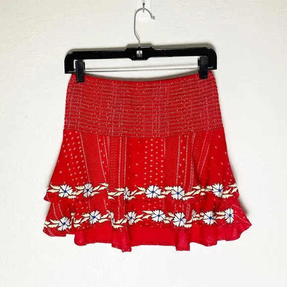 Piper By Townsen Red Mini Tiered Smocked Skirt Floral Embroidery Flowy Flirty