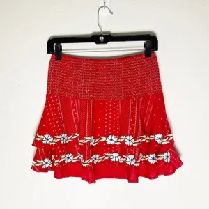 Piper By Townsen Red Mini Tiered Smocked Skirt Floral Embroidery Flowy Flirty