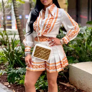 Print Long Sleeve Blouse & Pleated Shorts Set