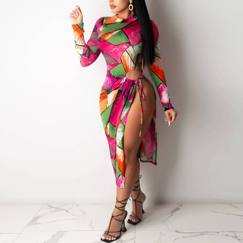 Print Long Sleeve Hollow Out Babdage Dress