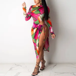 Print Long Sleeve Hollow Out Babdage Dress