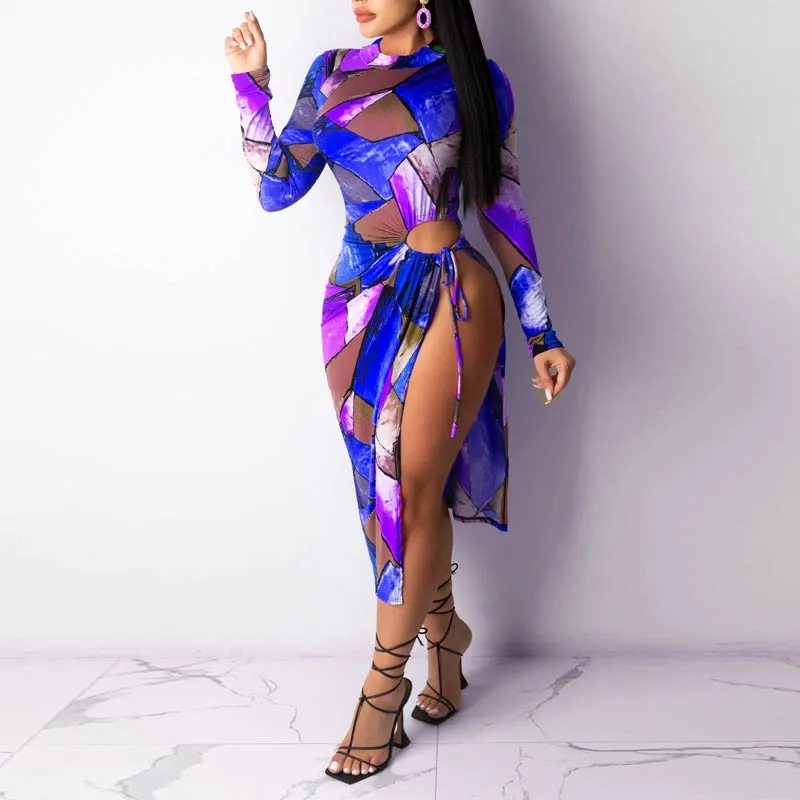 Print Long Sleeve Hollow Out Babdage Dress