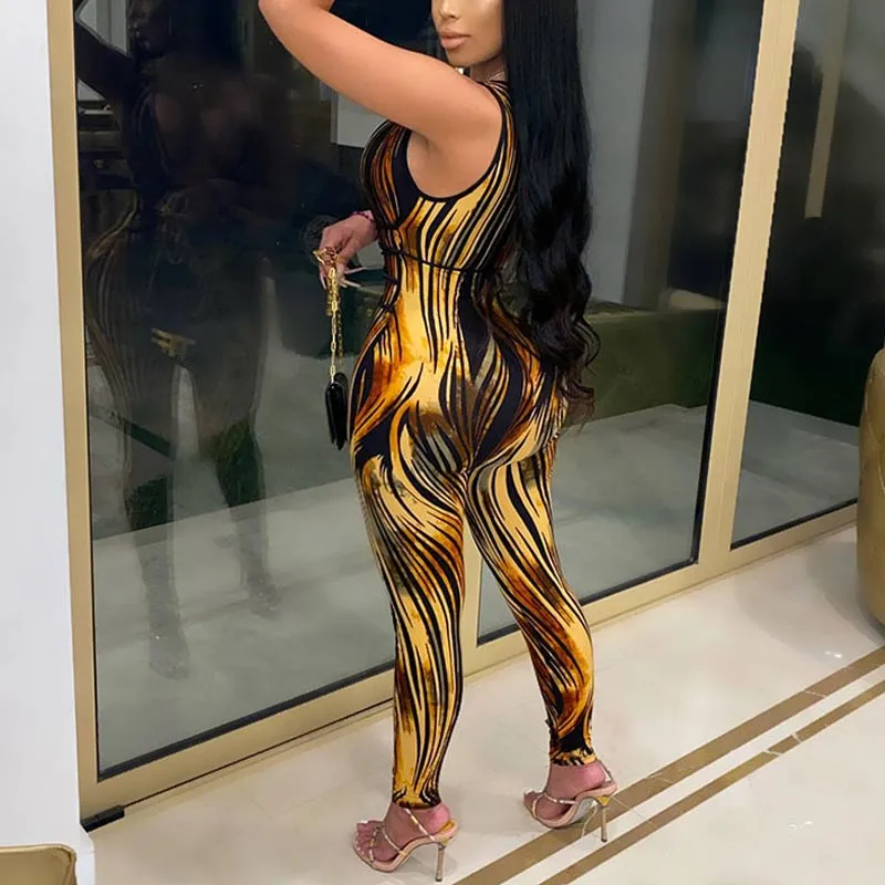 Print Sleeveless Deep V-Neck Bandage Jumpsuit