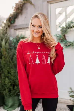 "Oh Christmas Tree" Graphic Crewneck Pullover- Holiday Red