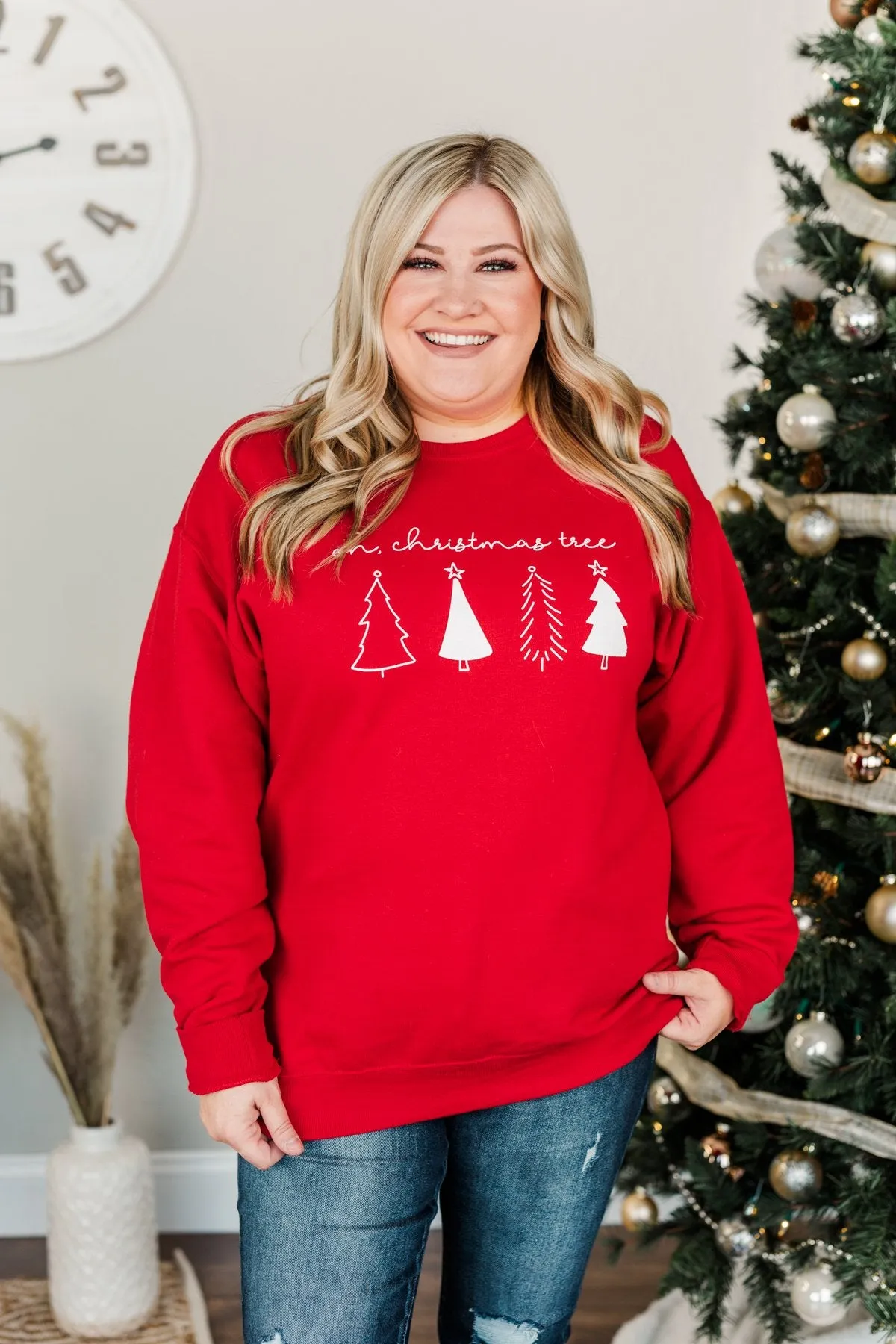 "Oh Christmas Tree" Graphic Crewneck Pullover- Holiday Red
