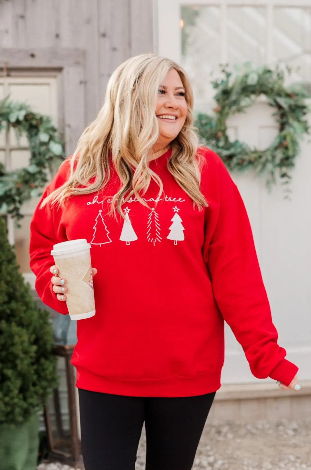 "Oh Christmas Tree" Graphic Crewneck Pullover- Holiday Red