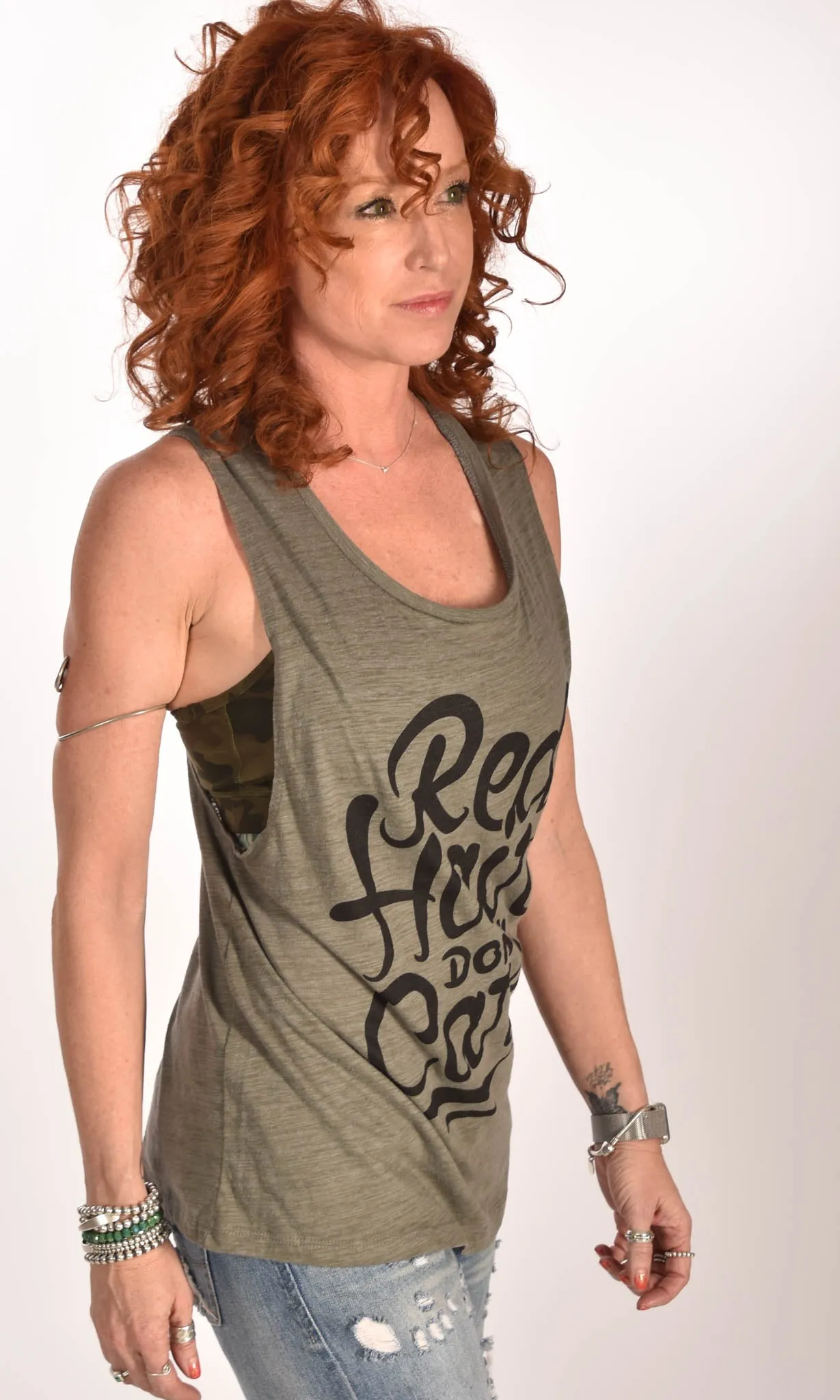 Red Hair Don't Care Flowy Scoop Olive Tank