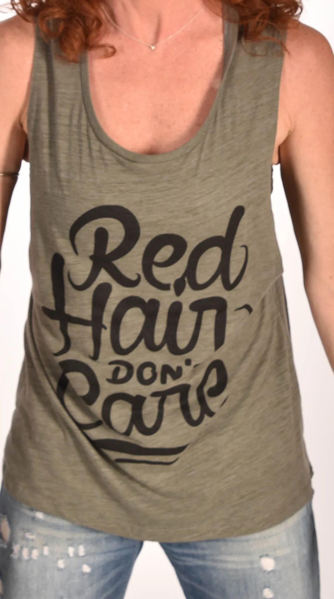 Red Hair Don't Care Flowy Scoop Olive Tank