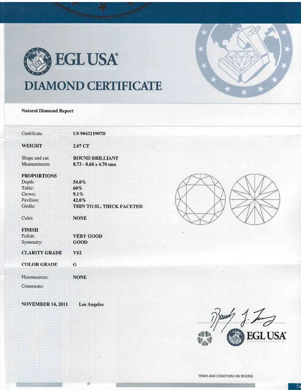 Round Brilliant Cut Diamond EGL USA Certified 2.07ct G-VS2