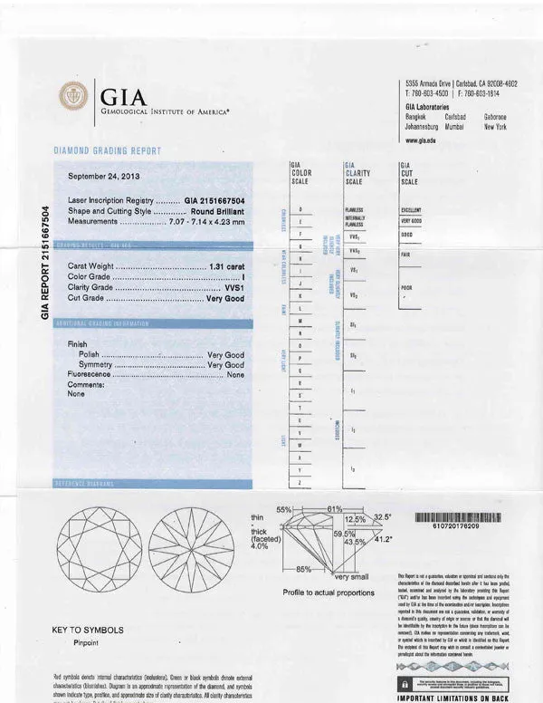 Round Brilliant Cut Loose Diamond GIA Certified 1.31ct I-VVS1