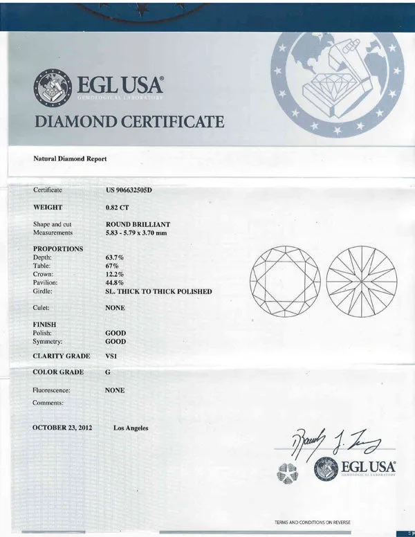 Round Cut Diamond EGL USA Certified 0.82ct G-VS1