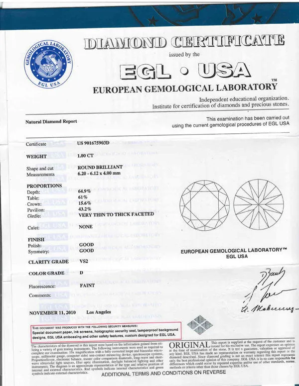 Round Cut Diamond EGL USA Certified 1.00ct D-VS2