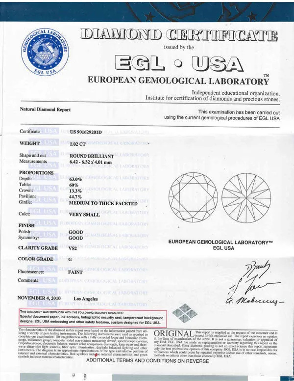 Round Cut Diamond EGL USA Certified 1.02ct G-VS2
