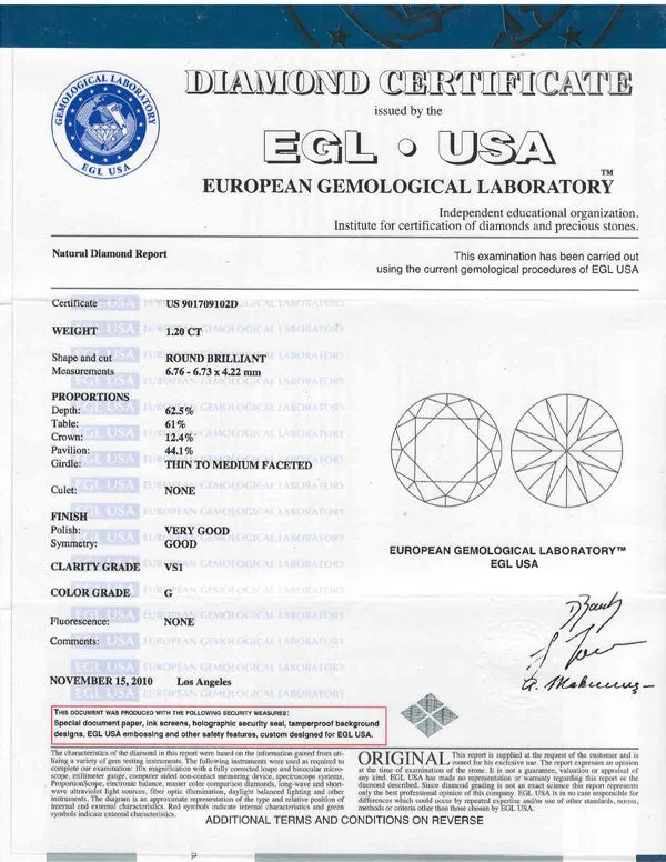 Round Cut Diamond EGL USA Certified 1.20ct G-VS1