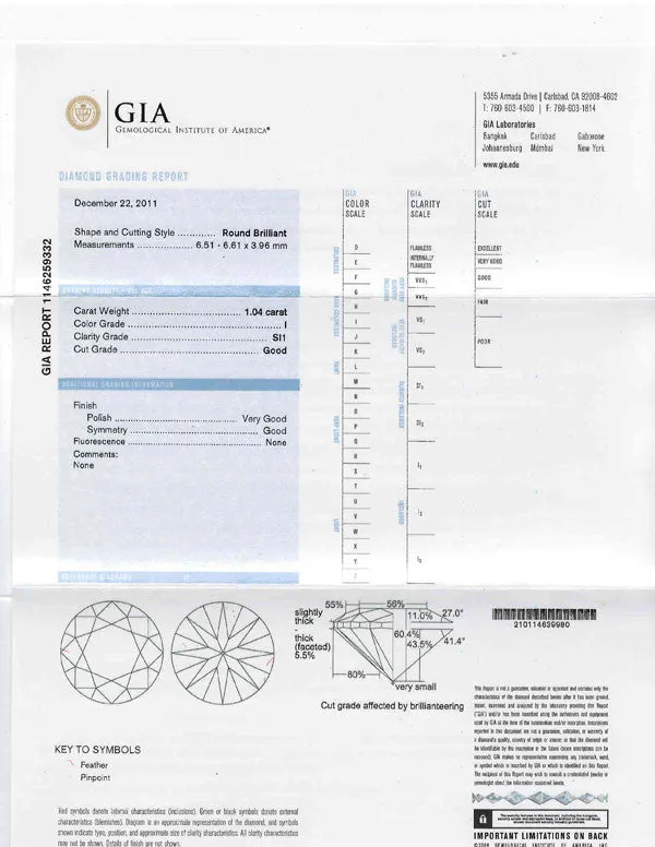 Round Shape Diamond GIA Certified 1.04ct I-SI1