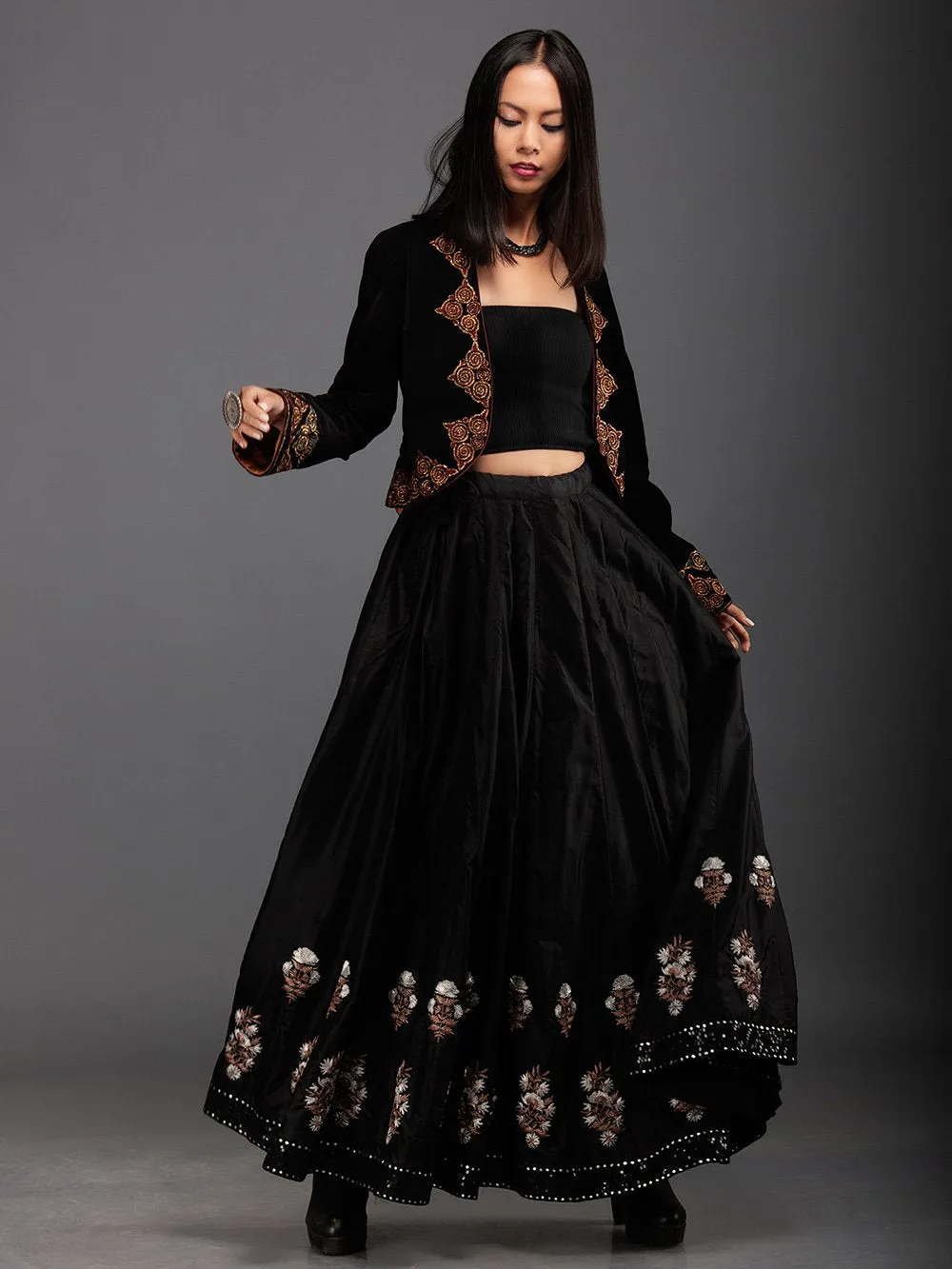 Sanskar by Sonam Dubal - Black Silk Paneled Embroidery Skirt