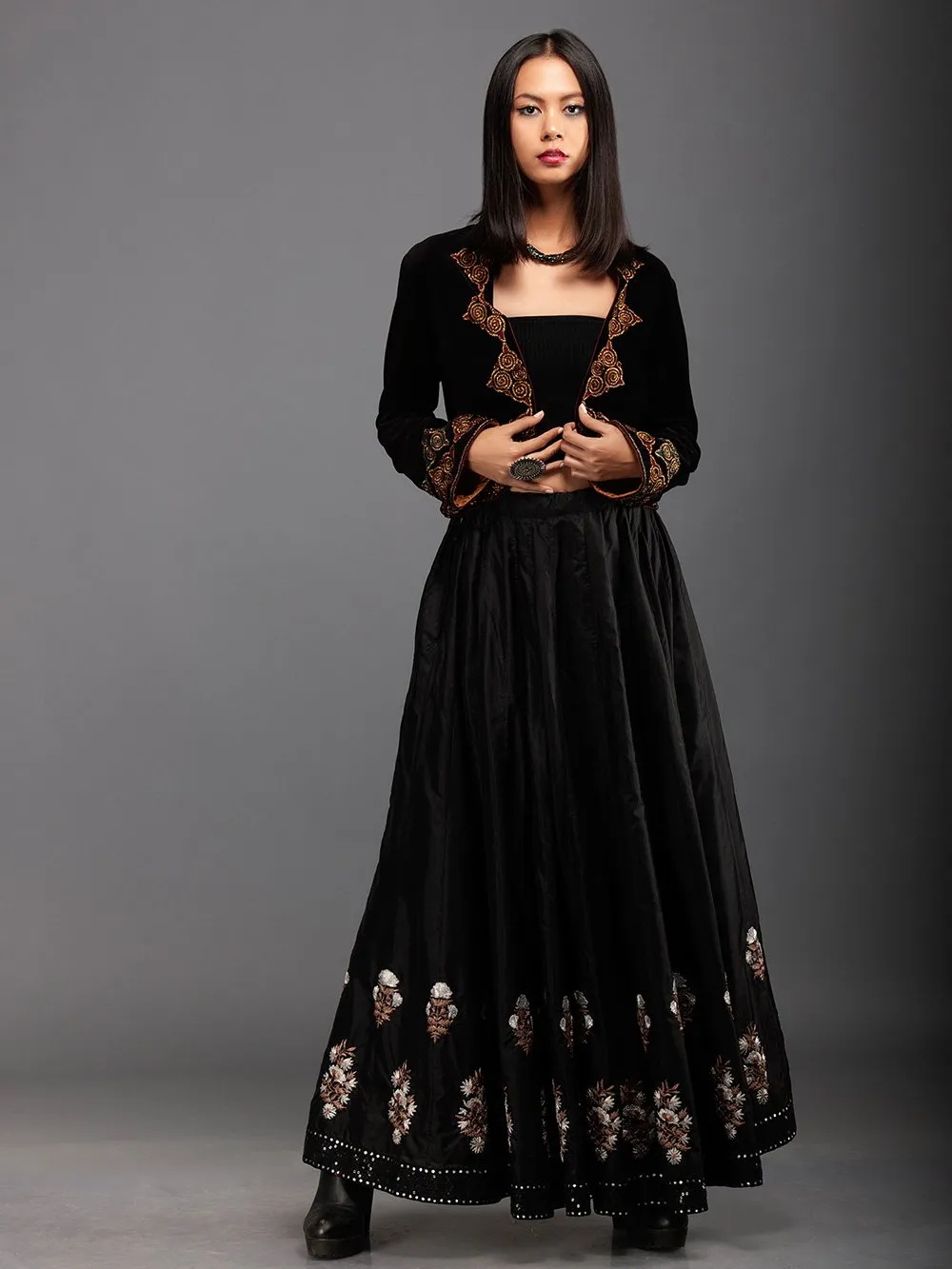 Sanskar by Sonam Dubal - Black Silk Paneled Embroidery Skirt