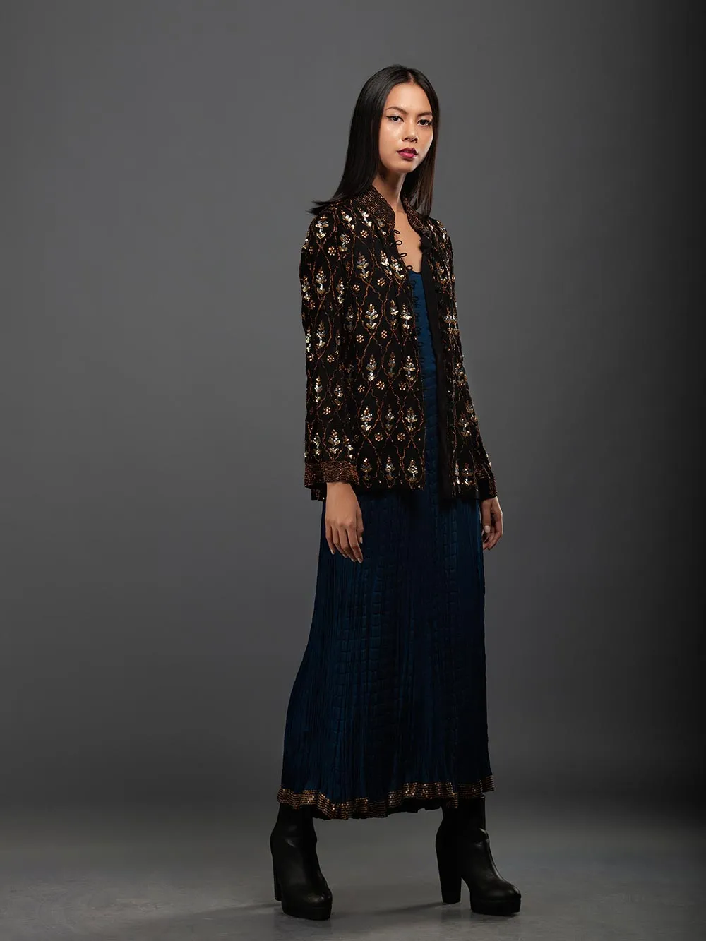 Sanskar by Sonam Dubal - Indigo Crepe Paneled Crush Dress