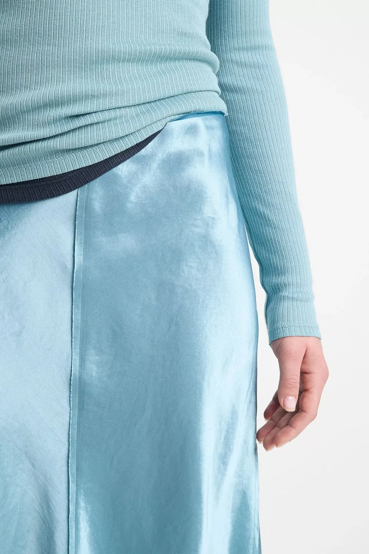 Satin Raw-Edge Paneled Slip Skirt in Jade Sea