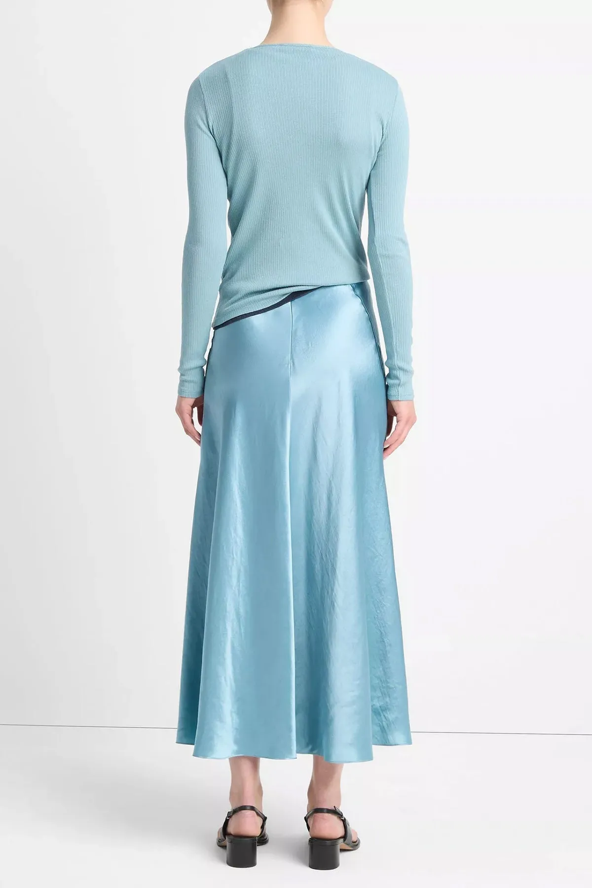 Satin Raw-Edge Paneled Slip Skirt in Jade Sea