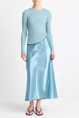 Satin Raw-Edge Paneled Slip Skirt in Jade Sea
