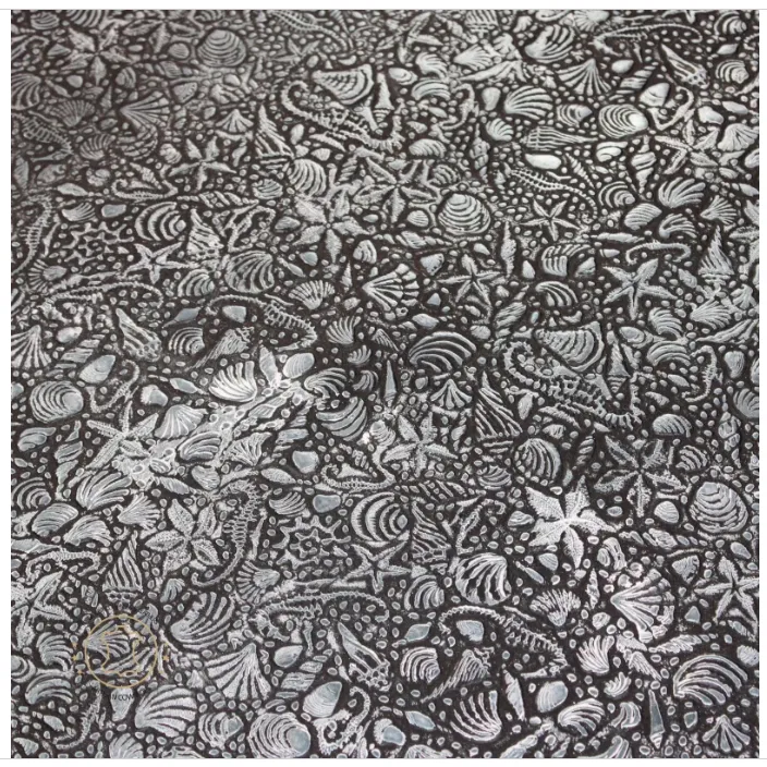 Sea Life Embossed Leather Black Silver : Leather 3 .5- 4.0 oz. | 1.4 - 1.6 mm - Leather for Projects - Seahorses, star, shell